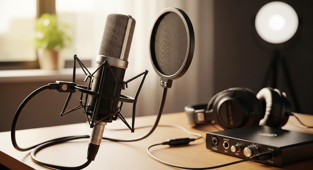 A studio microphone in a warm, softly lit setting